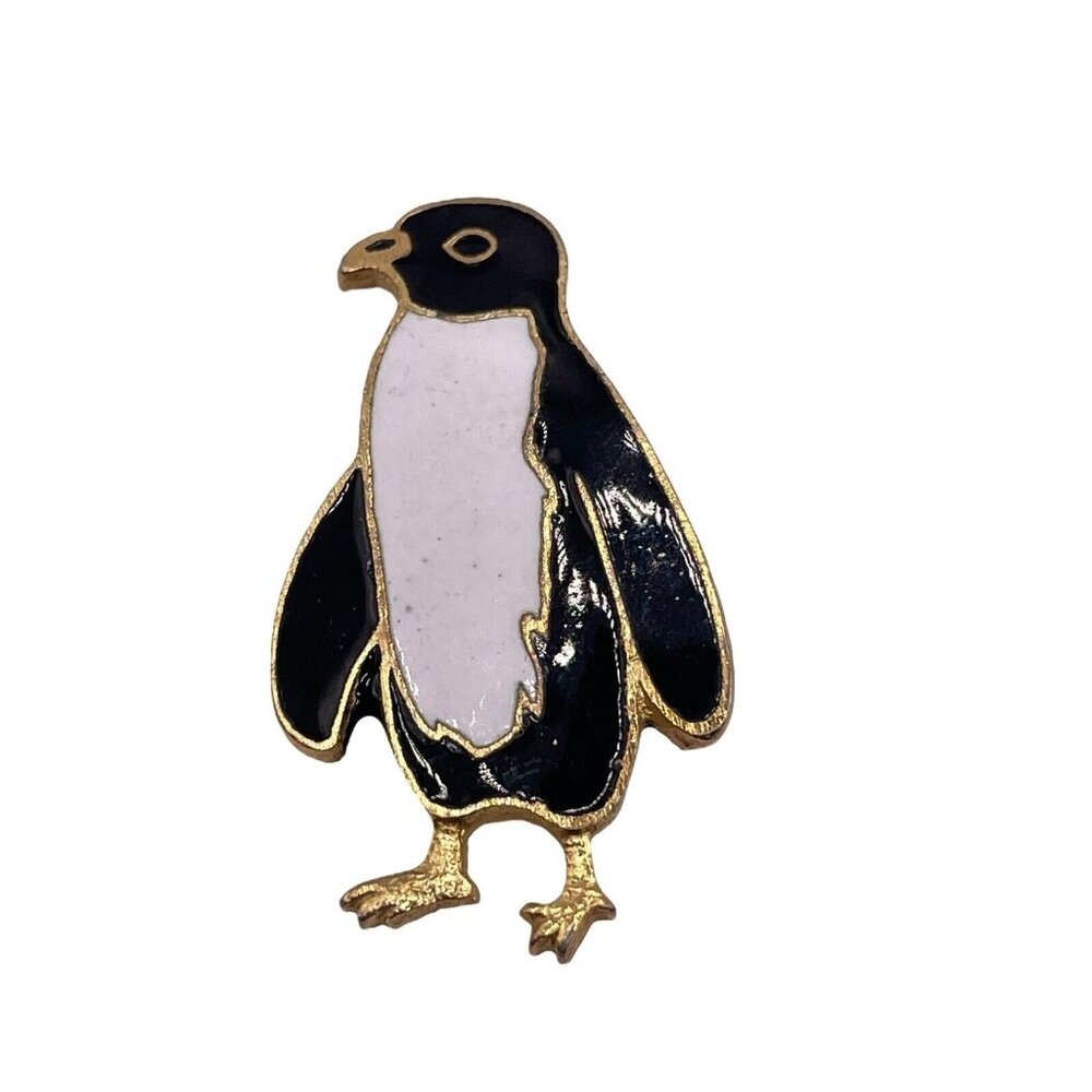 Gold Tone Black And White Enamel Penguin Figural Brooch Pin Vintage Bird Animal